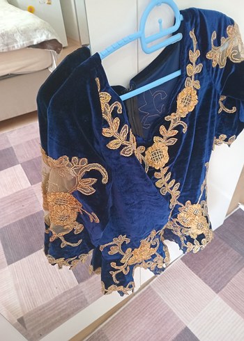 Mavi Nakışlı Kadife Uzun Kollu Kadın Hint Büstiyeri - Görsel 5