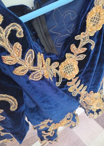 Mavi Nakışlı Kadife Uzun Kollu Kadın Hint Büstiyeri - Görsel 3