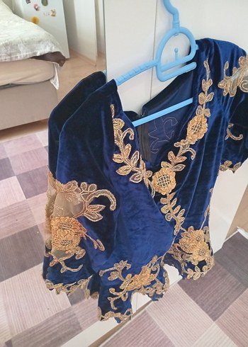 Mavi Nakışlı Kadife Uzun Kollu Kadın Hint Büstiyeri - Görsel 4