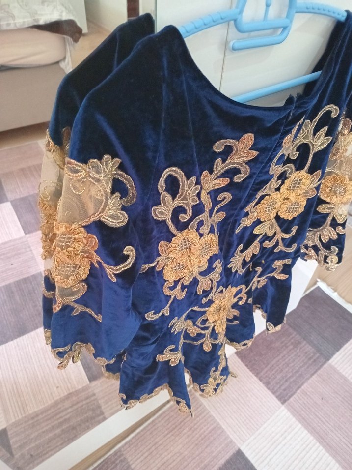 Mavi Nakışlı Kadife Uzun Kollu Kadın Hint Büstiyeri - Görsel 2