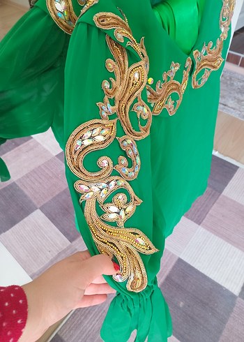 YEŞİL ŞIFON BOŞNAK SALVARI TAKIMI 
ŞALVARI BELDEN TOPLAMALI. - Görsel 3