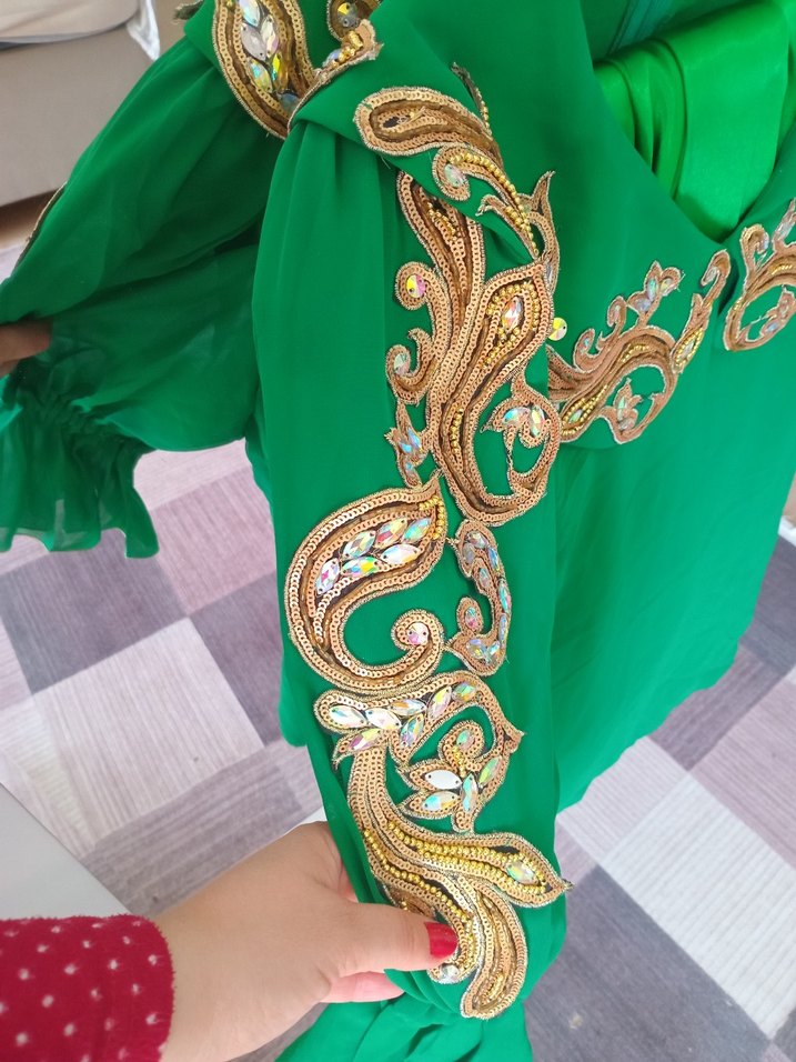 YEŞİL ŞIFON BOŞNAK SALVARI TAKIMI 
ŞALVARI BELDEN TOPLAMALI. - Görsel 4