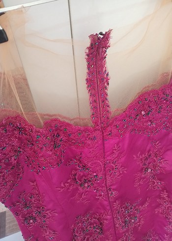 Pembe İşlemeli Uzun Abiye Elbise - Görsel 4