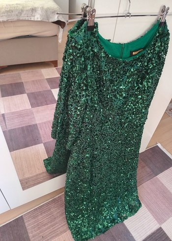 Parlak Yeşil Uzun Drapeli Abiye Elbise - Görsel 3