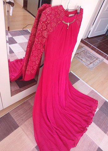 Uzun Kollu Kırmızı Dantel Bohem Elbise - Görsel 4