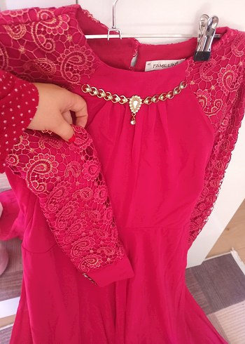 Uzun Kollu Kırmızı Dantel Bohem Elbise - Görsel 3