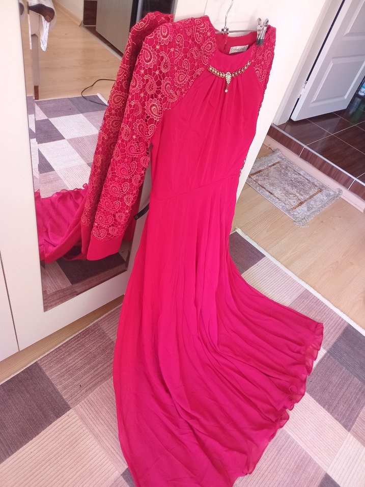 Uzun Kollu Kırmızı Dantel Bohem Elbise - Görsel 4