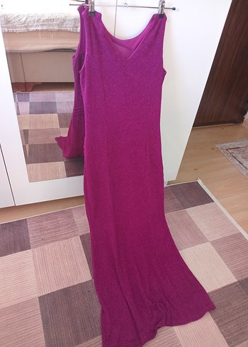 Parlak Mor V Yakalı Uzun Abiye Elbise - Görsel 3