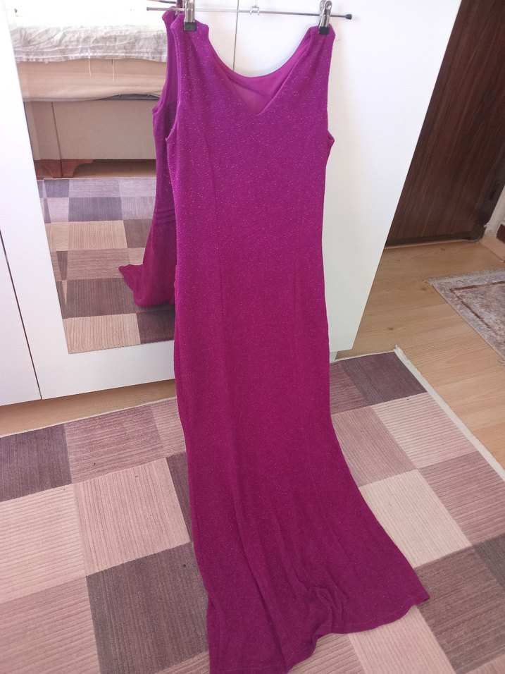 Parlak Mor V Yakalı Uzun Abiye Elbise - Görsel 3