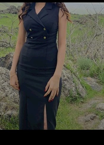 Siyah Düğmeli Uzun Kalem Elbise - Görsel 5