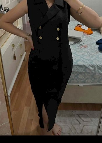 Siyah Düğmeli Uzun Kalem Elbise - Görsel 4