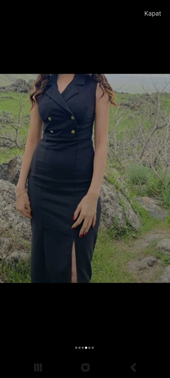 Siyah Düğmeli Uzun Kalem Elbise - Görsel 5