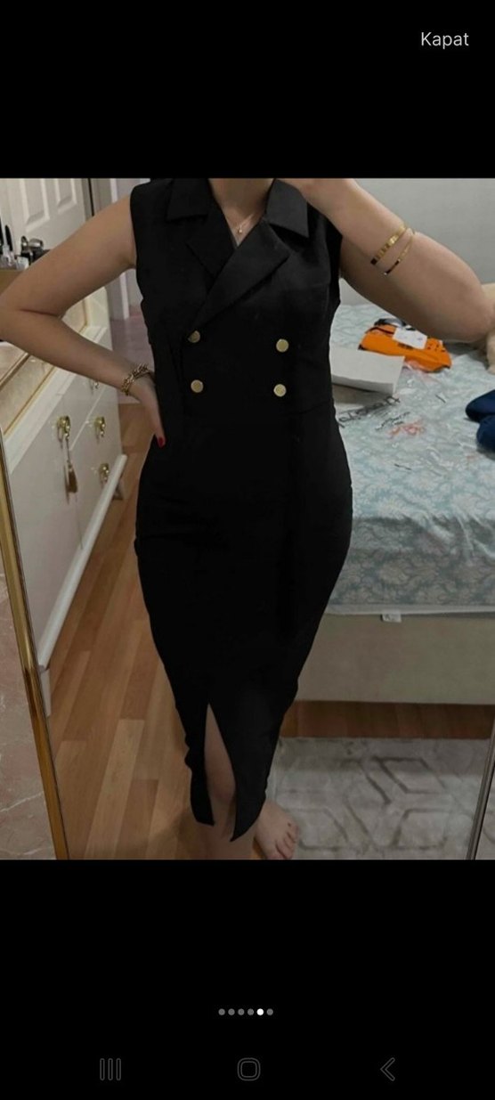 Siyah Düğmeli Uzun Kalem Elbise - Görsel 4