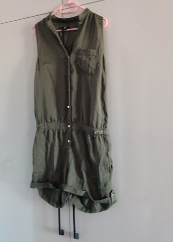 Kolsuz Kemerli haki yeşili Keten Tulum - Görsel 3