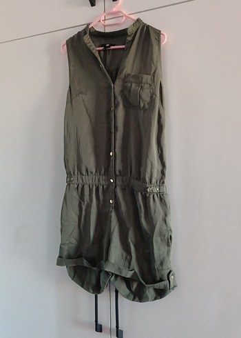 Kolsuz Kemerli haki yeşili Keten Tulum - Görsel 2