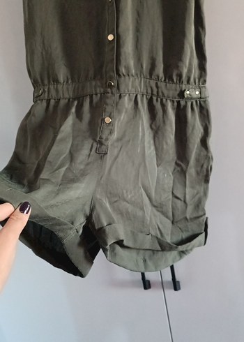 Kolsuz Kemerli haki yeşili Keten Tulum - Görsel 5