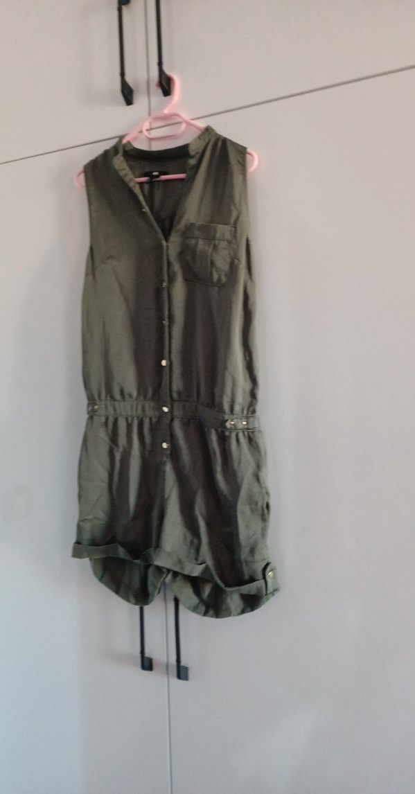 Kolsuz Kemerli haki yeşili Keten Tulum - Görsel 3