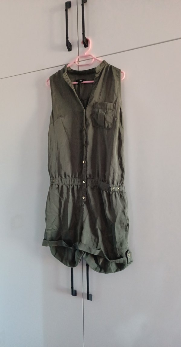 Kolsuz Kemerli haki yeşili Keten Tulum - Görsel 2