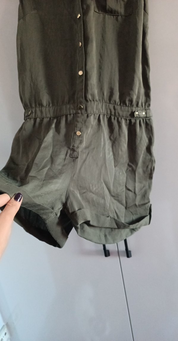 Kolsuz Kemerli haki yeşili Keten Tulum - Görsel 5