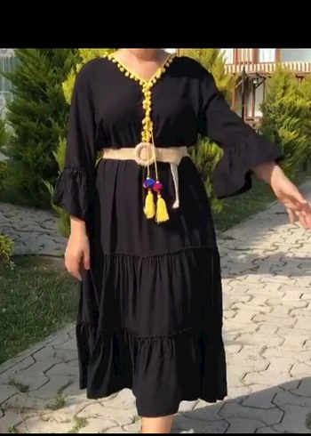 Diğer Püsküllü Siyah Bohem Uzun Elbise