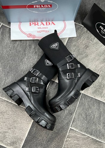 37 Beden siyah Renk PRADA Sokak Stili Siyah Tokalı Kadın Bot