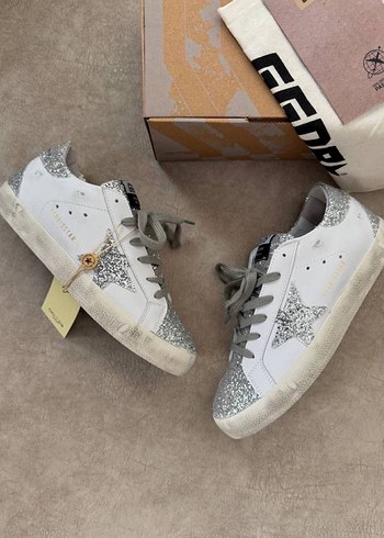 40 Beden Golden Goose Beyaz Simli Kadın Spor Ayakkabı Wedge