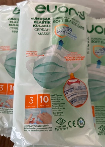 Evony Yumuşak Elastik Maske 3 Katlı 10'lu. 10 paket ve diğer - Görsel 2