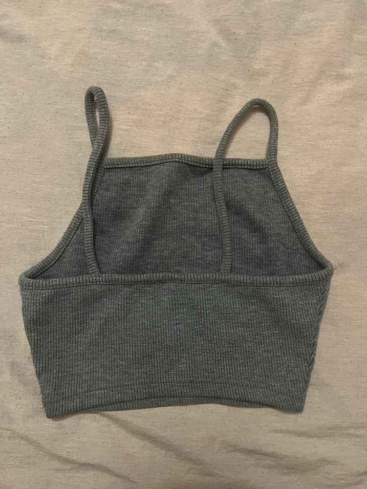Gri Örme İnce Askılı Crop Top - Görsel 2