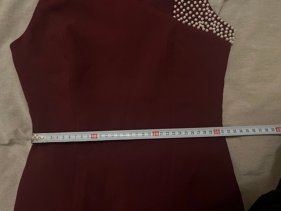 Bordo V Yaka Nakışlı Kalem Elbise - Görsel 5