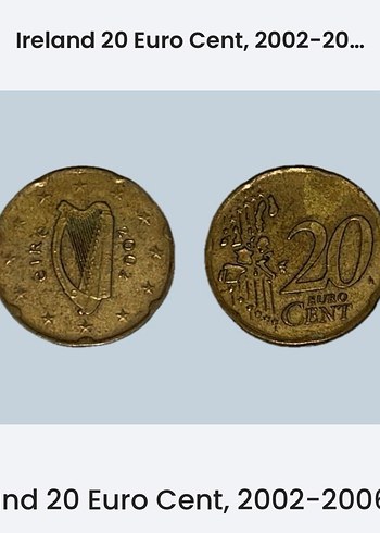 Gümüş Tonunda Vintage İrlanda 20 Euro Cent Madeni Para