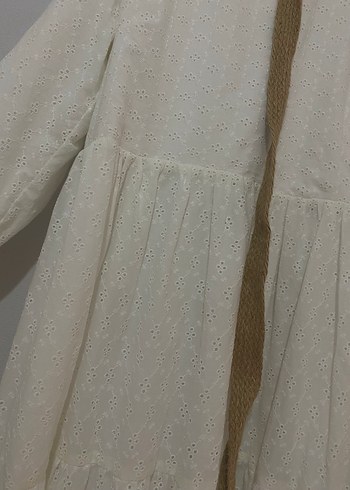 Uzun Beyaz Keten Bohem Elbise - Görsel 3