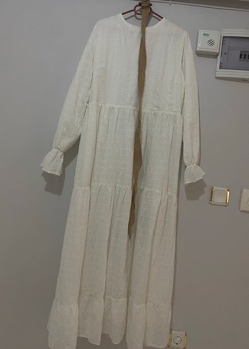 Uzun Beyaz Keten Bohem Elbise - Görsel 4