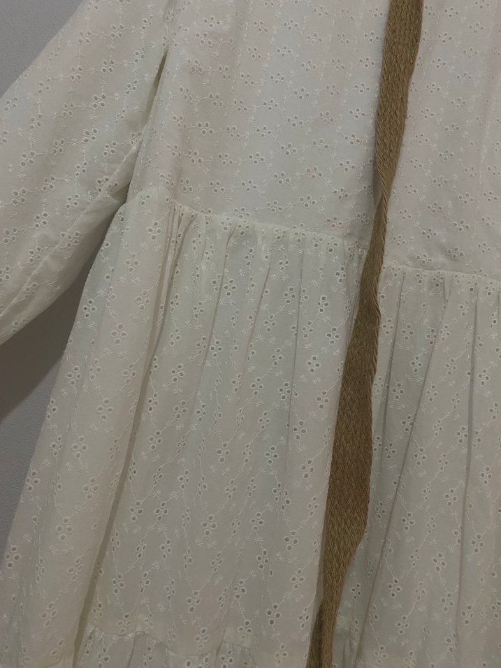 Uzun Beyaz Keten Bohem Elbise - Görsel 3