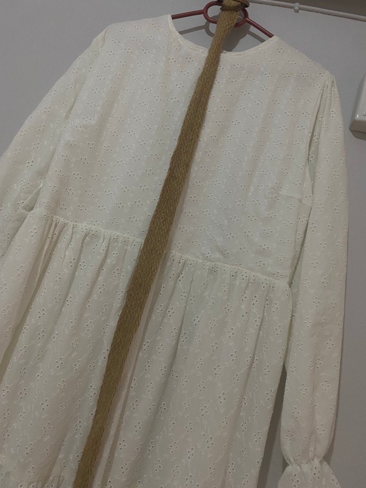 Uzun Beyaz Keten Bohem Elbise - Görsel 5