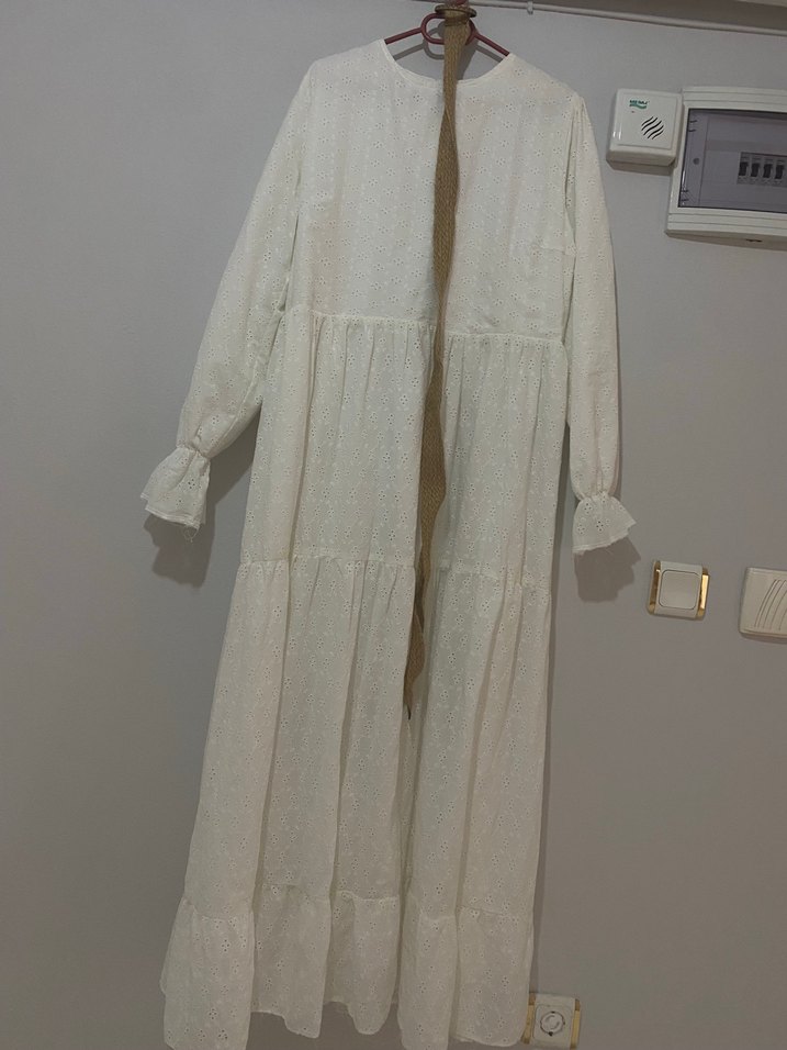 Uzun Beyaz Keten Bohem Elbise - Görsel 4