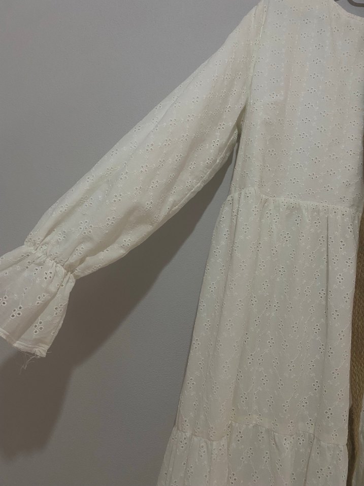 Uzun Beyaz Keten Bohem Elbise - Görsel 2