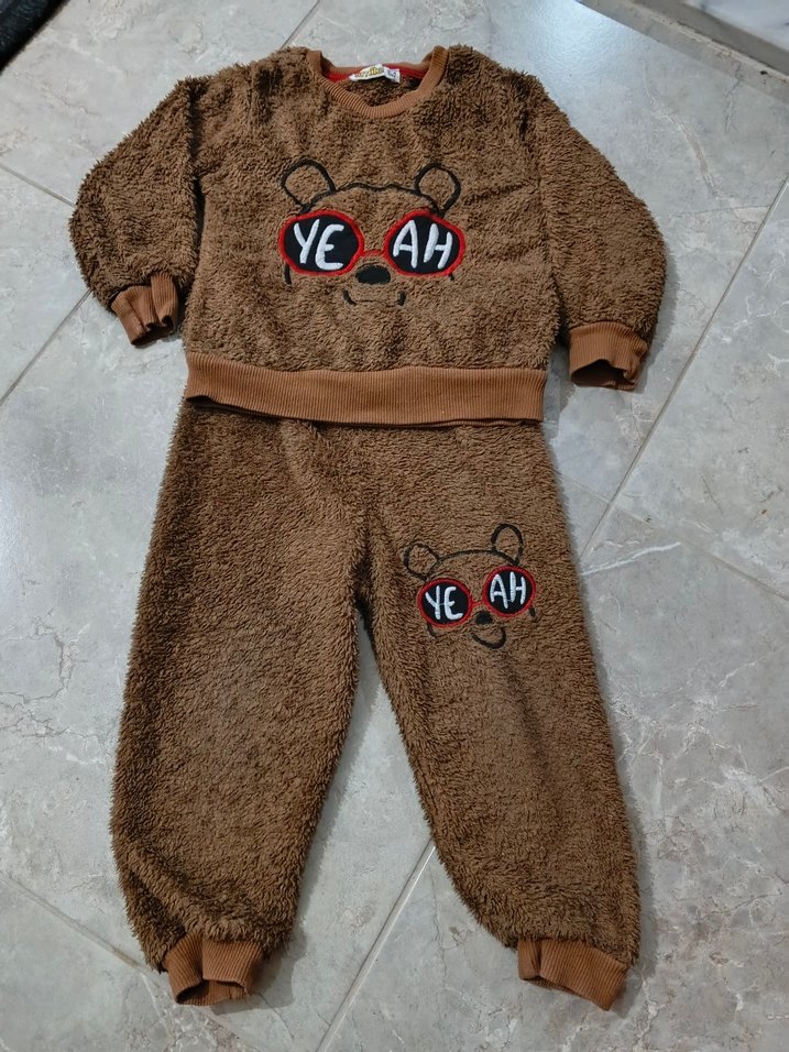 Kahverengi Peluş Çocuk Eşofman Takımı - Görsel 2
