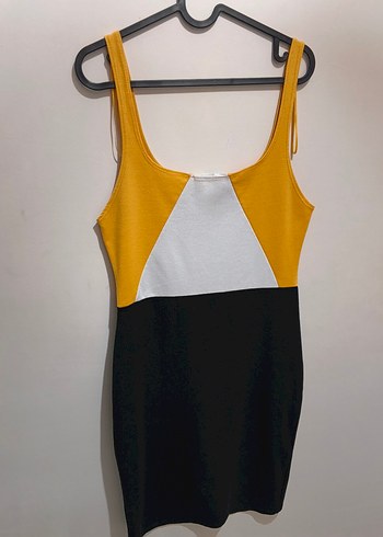 Sarı Siyah V Yaka Mini Kalem Elbise - Görsel 2