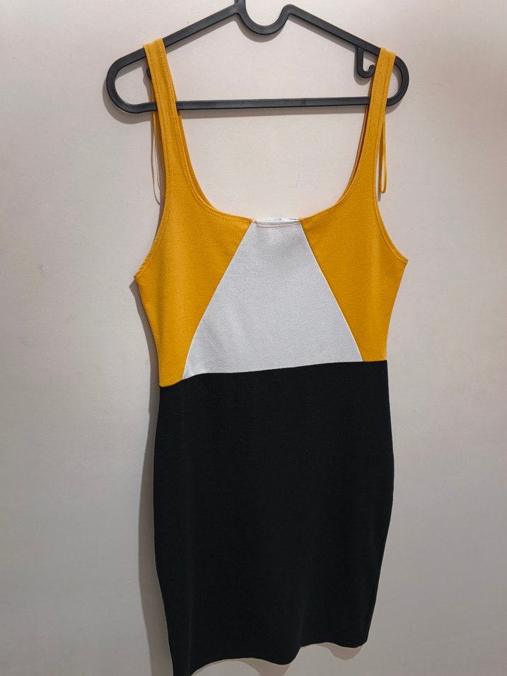 Sarı Siyah V Yaka Mini Kalem Elbise - Görsel 2