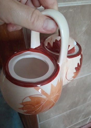 Beden Beyaz ve Turuncu Yaprak Desenli Seramik Şekerlik