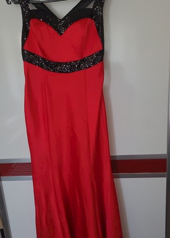 Kırmızı V Yaka Uzun Abiye Elbise - Görsel 3