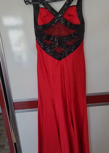 Kırmızı V Yaka Uzun Abiye Elbise - Görsel 4