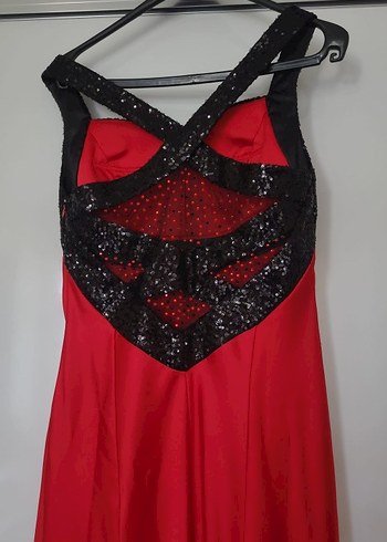 Kırmızı V Yaka Uzun Abiye Elbise - Görsel 2