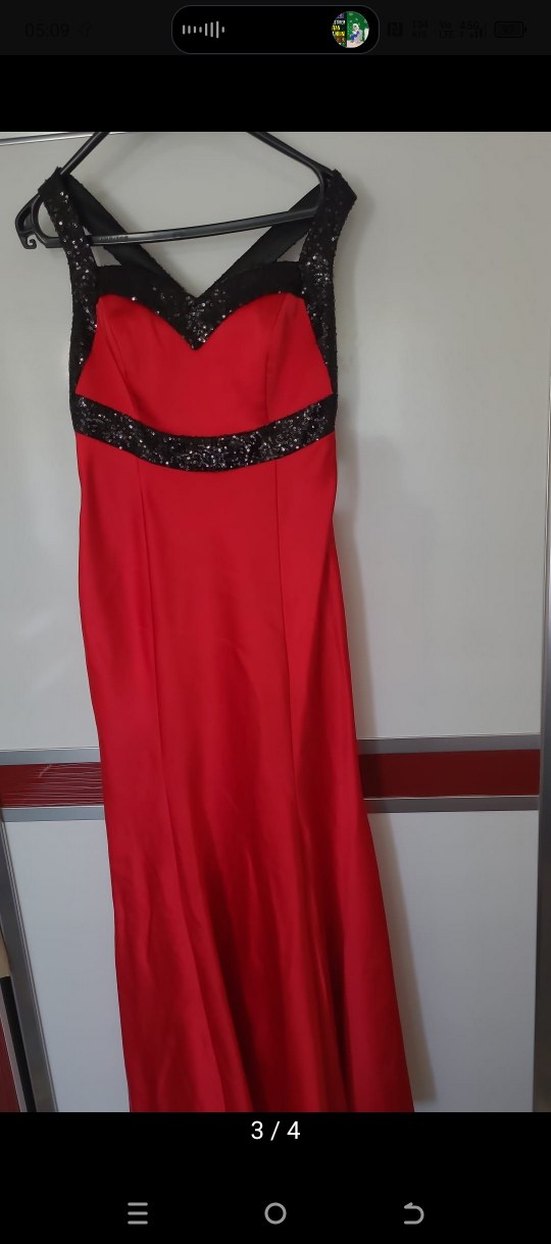 Kırmızı V Yaka Uzun Abiye Elbise - Görsel 3