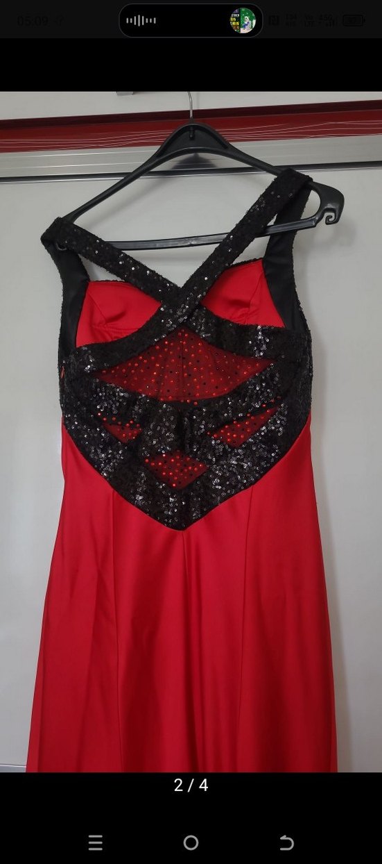 Kırmızı V Yaka Uzun Abiye Elbise - Görsel 2