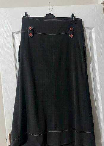Düğmeli Siyah Uzun Keten Etek - Görsel 3