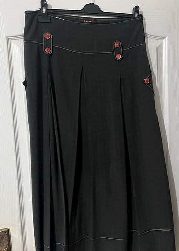 Düğmeli Siyah Uzun Keten Etek - Görsel 2