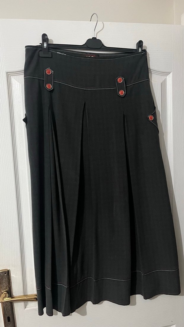 Düğmeli Siyah Uzun Keten Etek - Görsel 2