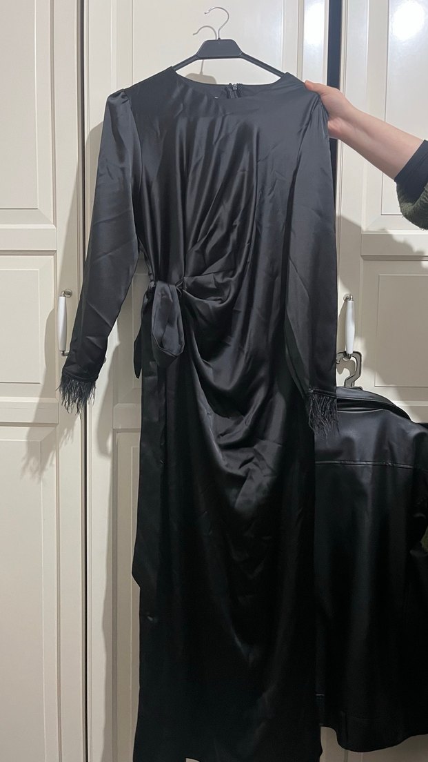 Siyah Uzun Kollu Drapeli Kadın Elbise - Görsel 2