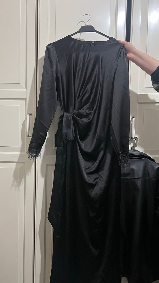 Siyah Uzun Kollu Drapeli Kadın Elbise - Görsel 3